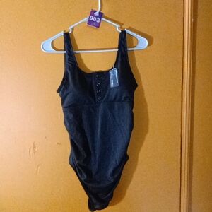 Black Ribbed One-Piece Bodysuit with Front Button Detail